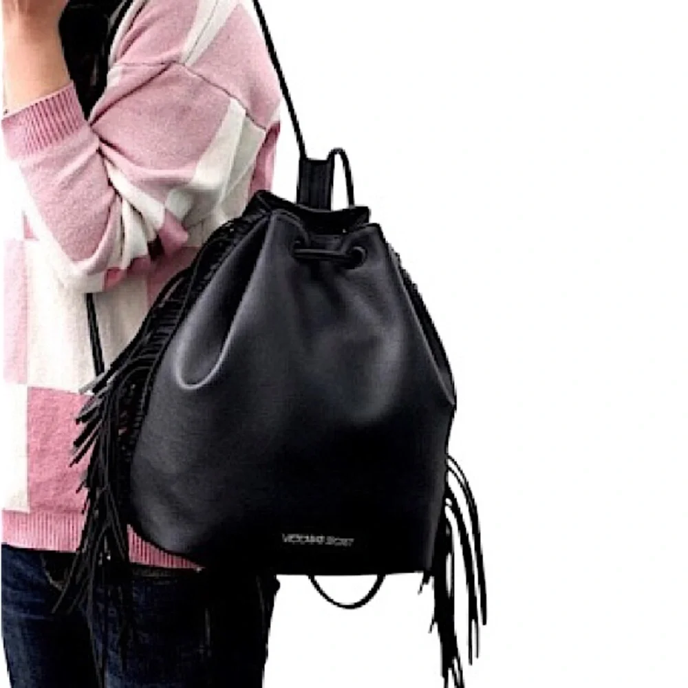 Victoria's Secret Black Fringe Drawstring Faux Leather Backpack